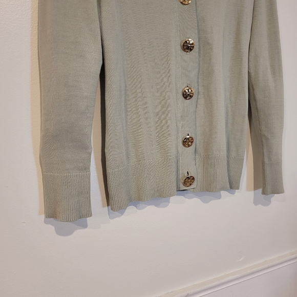 Tory Burch Simone Cardigan Sweater Green Ribbed Logo Gold Button Front Cotton - Picture 7 of 9